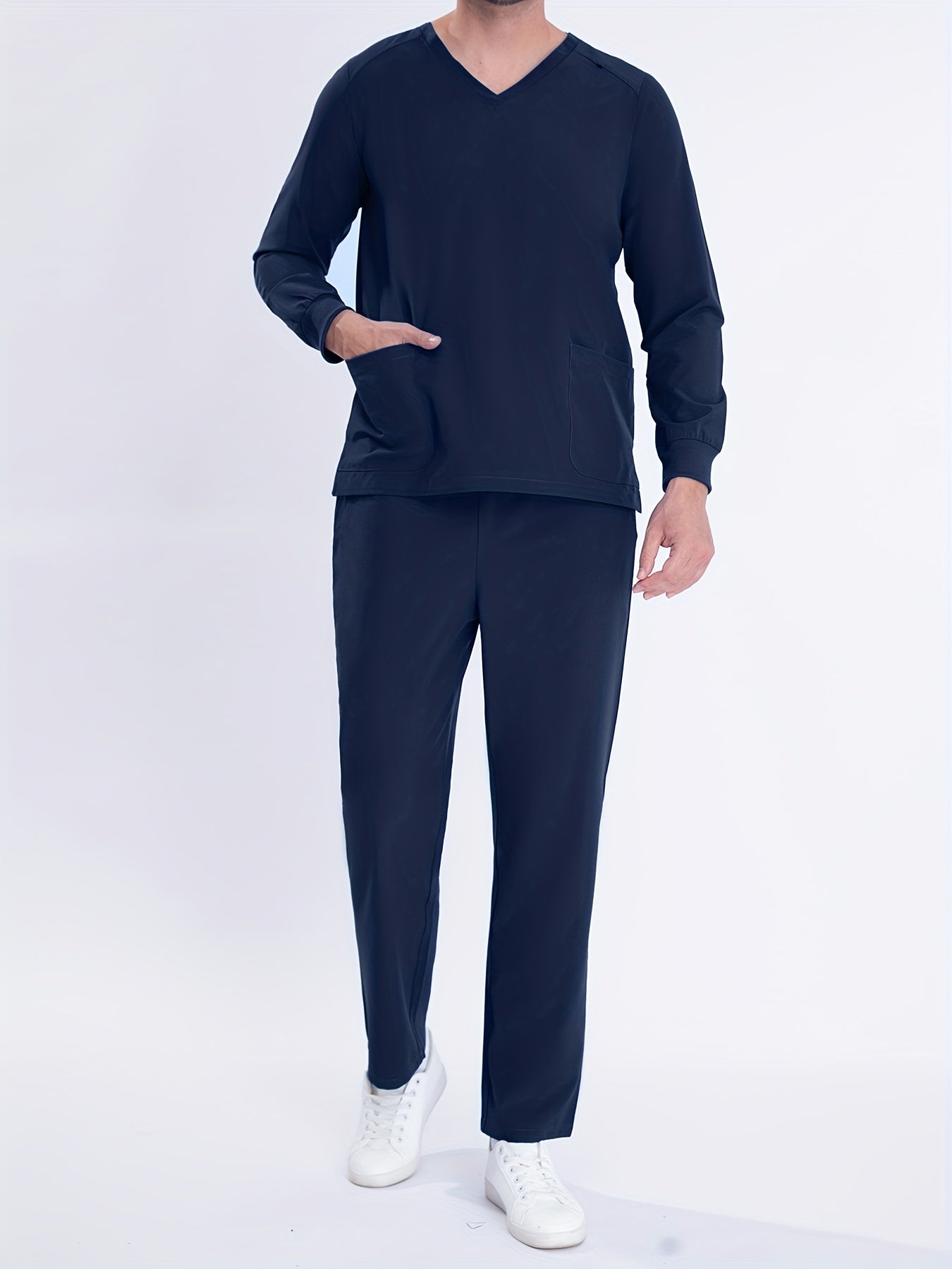 SAASHI Men's Navy Blue Workwear Set - V-neck Long Sleeve Shirt & Pants