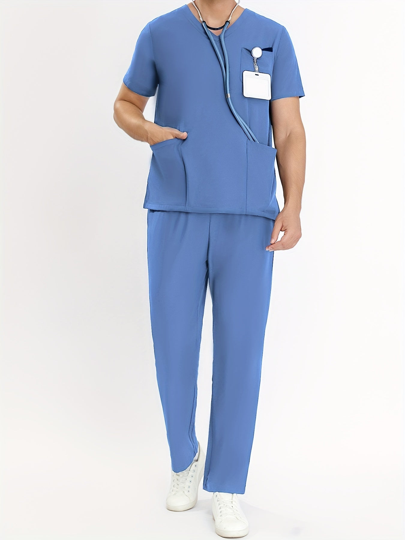 SAASHI Bright Sky Blue Men's V-Neck Scrubs Set - Multi-Pocket Workwear for Summer