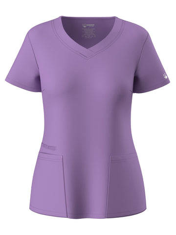 SAASHI Solid Purple V-neck Stretchy Scrubs Top with Functional Patched Pockets
