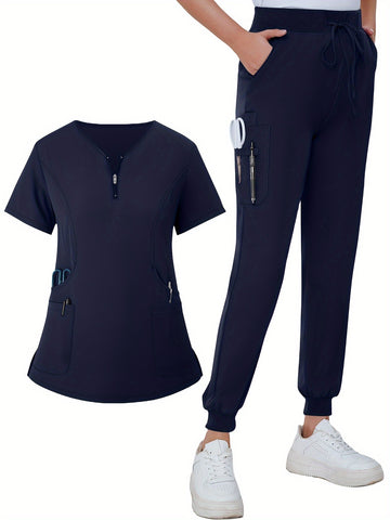SAASHI Navy Blue Solid Scrub Set - V Neck Zipper Top & Drawstring Pants