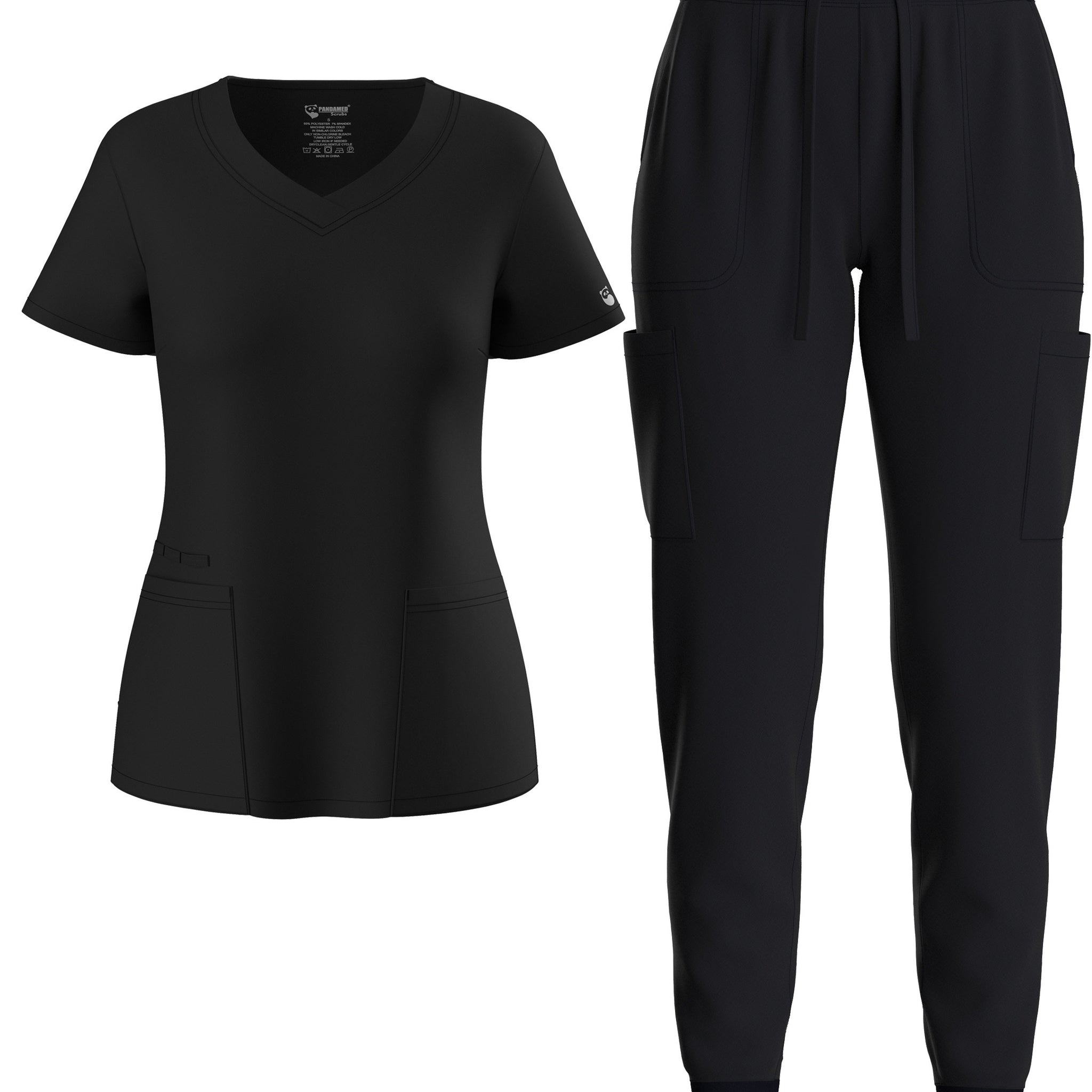 SAASHI Solid Black Scrub Set - V Neck Top & Drawstring Pants Outfit