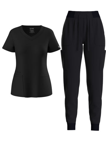 SAASHI Solid Black Scrub Set - V Neck Top & Drawstring Pants Outfit