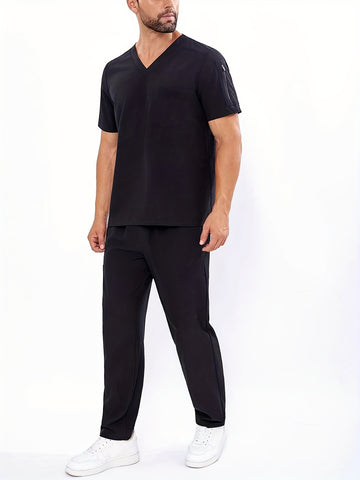 SAASHI Quick-Dry Black Scrub Set - V-Neck, Elastic Waist, Patch Pockets