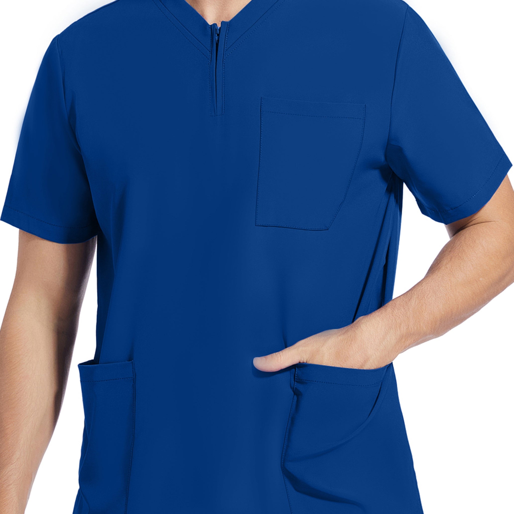 SAASHI Men's Royal Blue Short Sleeve Lab Coat, V-neck Work Uniform Shirt