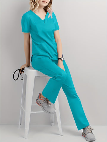 SAASHI Malachite Green Casual Scrub Set - V Neck Short Sleeve Top & Pants
