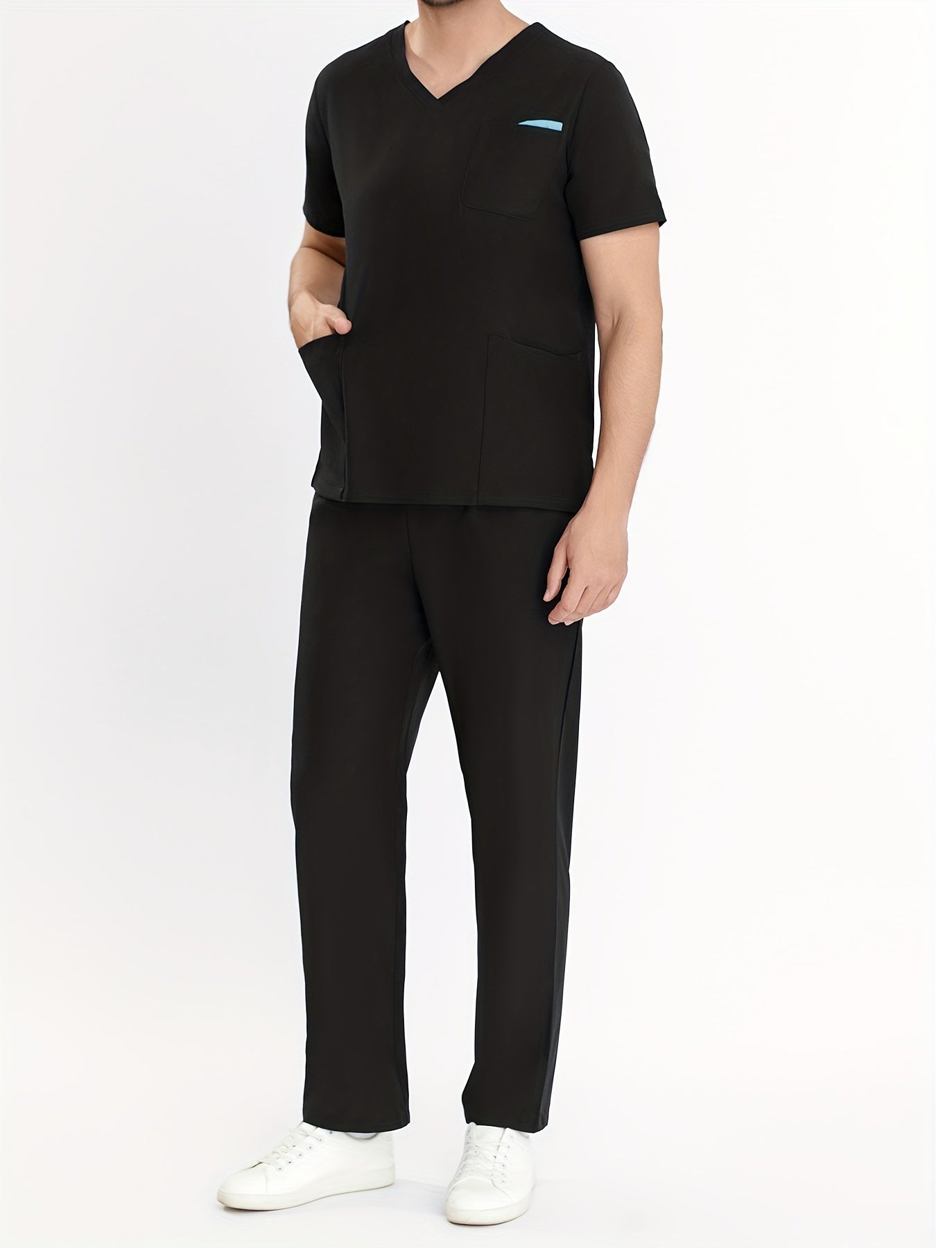 SAASHI Black Men's V-Neck Scrubs Set - Multi-Pocket Workwear for Summer