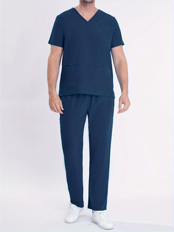 SAASHI Men's Sea Blue Solid Summer Workwear - V-neck Top & Pants Set