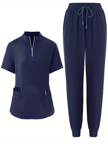 SAASHI Navy Blue Men's Workwear Set - V-Neck Top & Pants Combo
